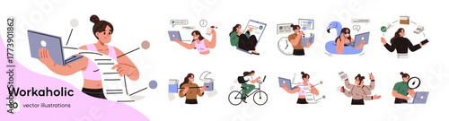 Workaholic set. Busy employee works on laptop, researches, does business workflows. Happy office or freelance worker is planning, multitasking. Flat isolated vector illustrations on white background