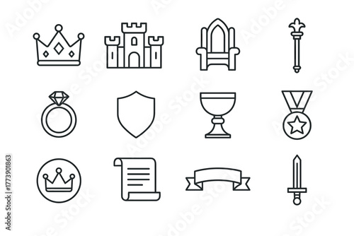 Medieval line art icons set crown, castle, throne, sceptre, ring, shield, chalice, medal, scroll, banner, sword