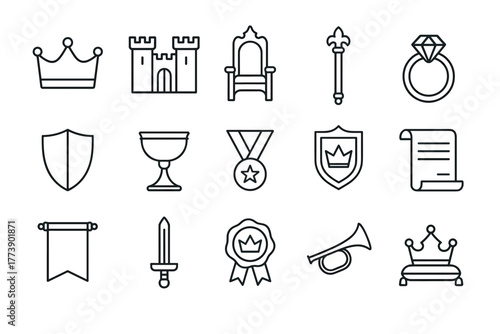 Royal line art icons crown, castle, throne, shield, scroll, sword, trumpet