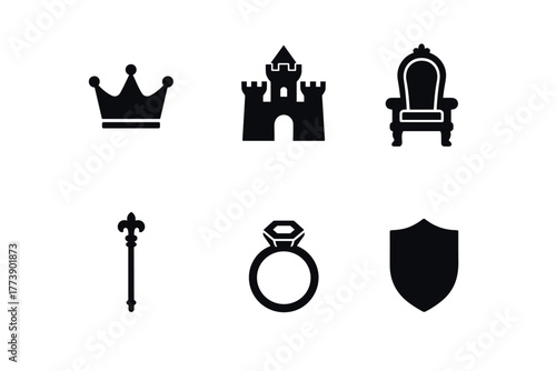 Medieval icons collection crown, castle, and symbols for royalty and nobility design
