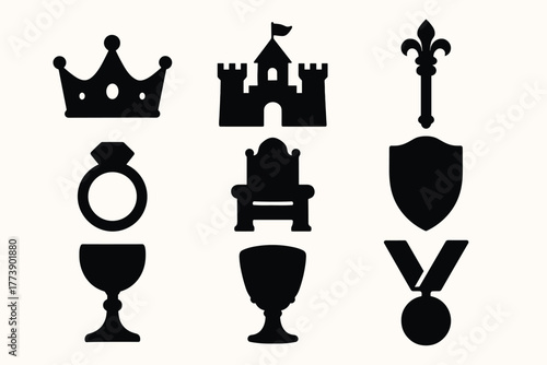 Medieval icons collection crown, castle, and symbols for royalty and nobility design