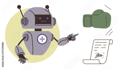 Medical-themed robot pointing at agreement and boxing glove, addressing conflict resolution, technology, automation, healthcare assistance, ethical AI, decision-making, simple flat metaphor