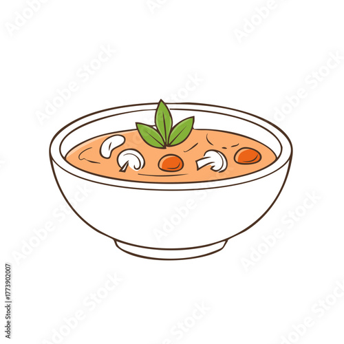 Cartoon illustration of a bowl of hot vegetable soup with mushrooms and basil