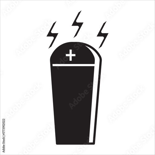A striking black and white icon, a coffin or sarcophagus that radiates power with lightning, symbolizing death, eternal energy, and mystery.