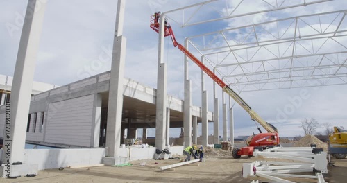 Worker welds a steel bracket to a concrete structural column for rafter or crane rail installation, positioned at height in a telescopic boom lift.