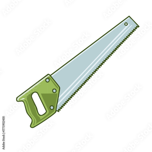 Cartoon saw with green handle and a silver blade. Isolated tool for sawing