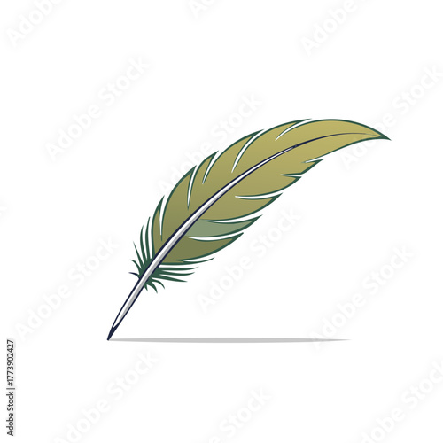 Elegant green feather illustration with subtle shadow artistic graphic
