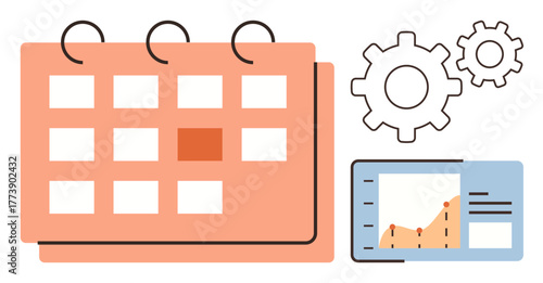 Calendar layout with highlighted date, analytics screen displaying graph, and gear icons. Ideal for scheduling, organization, productivity, workflow, time management planning and strategy. Simple