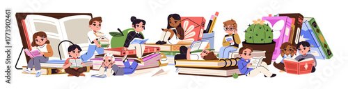Tiny kids read books together. Children among pile of novels, stories study by literature. Students are learning by textbooks. Education concept. Flat isolated vector illustration on white background