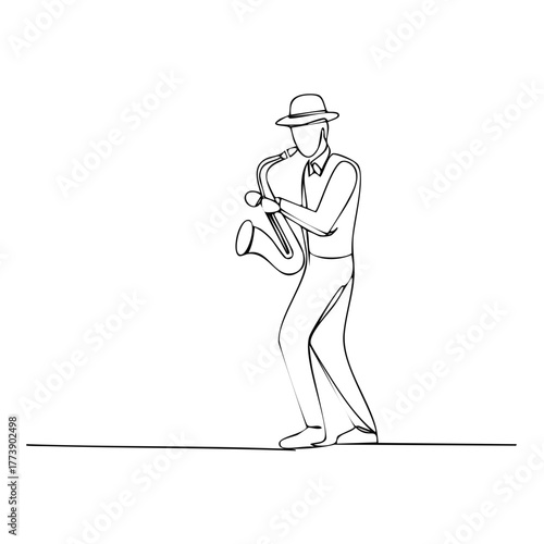 Jazz musician playing saxophone wearing a stylish fedora hat continuous line art drawing minimalist style