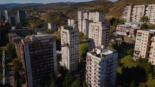 Soviet-era apartment buildings connected by bridges