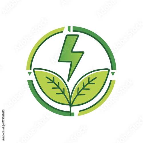 Vibrant Green Energy Power Icon with Natural Leaves and Lightning Bolt Symbol