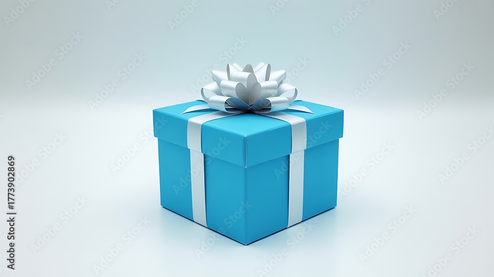 Obraz premium Blue Gift Box with White Ribbon and Bow – Celebration, Surprise, and Minimalist Elegance Concept