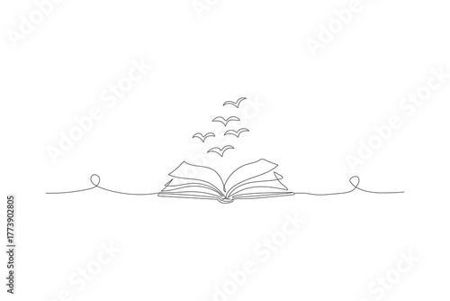 Continuous one line drawing open book with flying pages. Vector illustration education supplies back to school theme.