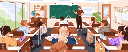 Students sit at desk and listen to lesson in class room back view. Teacher explains for kids near blackboard. Children study, learning, write in school classroom interior. Flat vector illustration