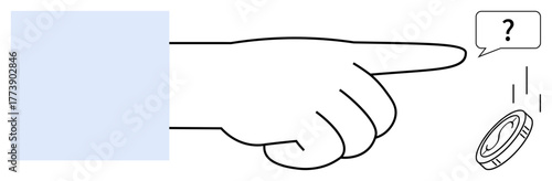 Minimalist hand pointing at a flipping coin with a question mark, symbolizing decision-making, chance, uncertainty, choice, opportunity, dilemma, and critical judgment. Ideal for concepts thumbs up