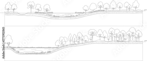 Two detailed landscape sketches in white on a white background, depicting a serene riverbank with lush trees and vegetation, showcasing a natural and tranquil scene