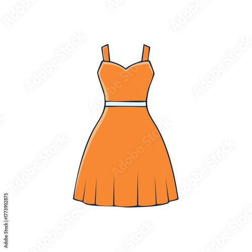 Simple orange dress with spaghetti straps and a white belt, flat illustration
