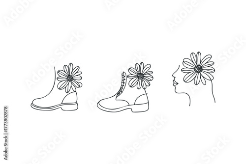 Line art of boots and profile with daisy