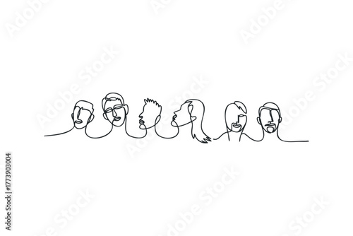 Continuous line drawings of diverse faces in a row