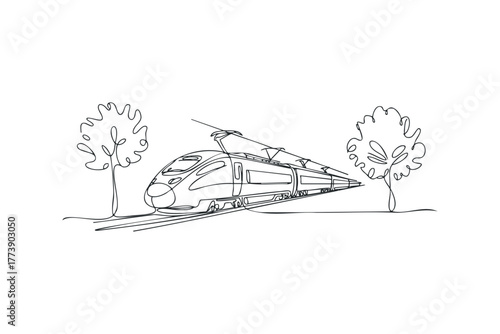 Speedy train on tracks with minimalist trees