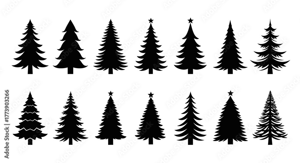 Obraz premium Set of black silhouette Christmas tree icons in various shapes and styles