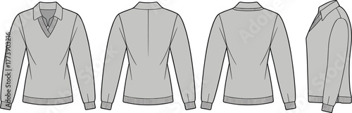 Men’s v-neck sweater with collared shirt detail, front back side view, cad vector illustration