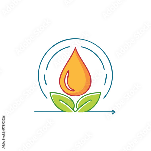 Eco friendly liquid drop with leaves and circular growth symbol