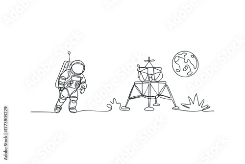 Astronaut stands near lunar module with moon in background