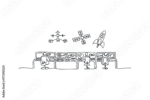 Mission control room with drone, satellite, and rocket imagery