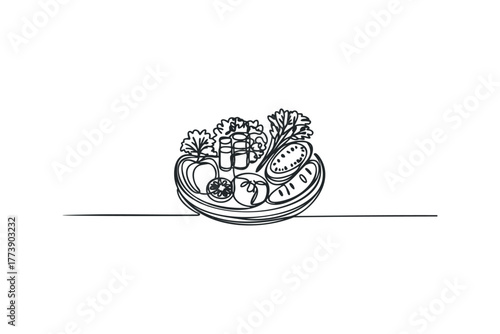 Continuous line drawing of a fresh salad with bread and juice