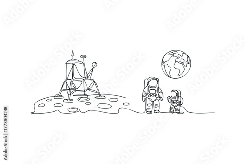 Astronauts and Lunar Lander on the Moon with Earth in Background