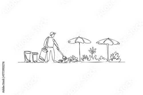 Gardener with rake and buckets tending to plants near umbrellas