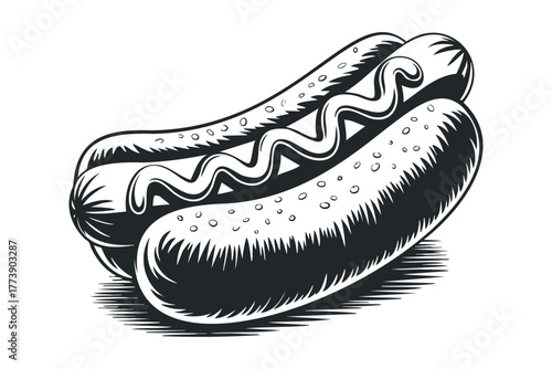 Black and White Hot Dog with Squiggly Sauce