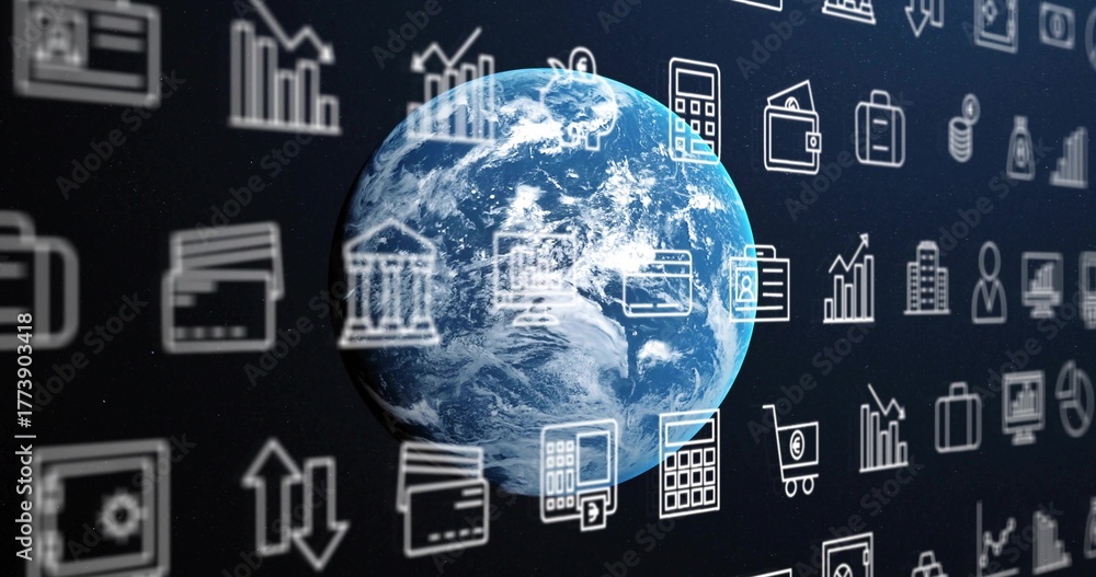 Naklejka premium Floating blue Earth globe in star field, with holographic bar charts credit cards gear icons