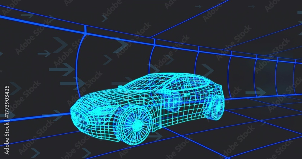 Naklejka premium Showing cyan wireframe car model within virtual tunnel, with neon gridlines and arrow icons