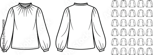 Women's blouse front and back view, puff sleeve fashion template, cad drawing flat vector illustration