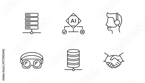 6 technology and business icons, black and white line style, AI, data storage, VR, customer support, partnership, vector illustration, editable stroke