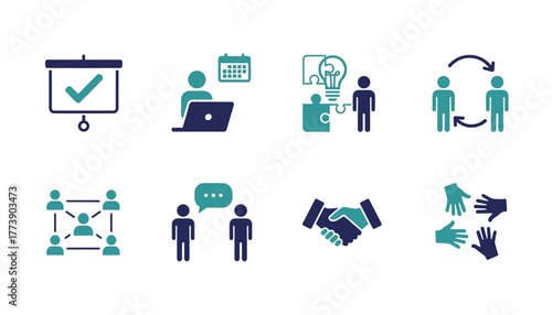 8 business and teamwork icons, black and white line style, project management, collaboration, innovation, communication, vector illustration, editable stroke, professional concept