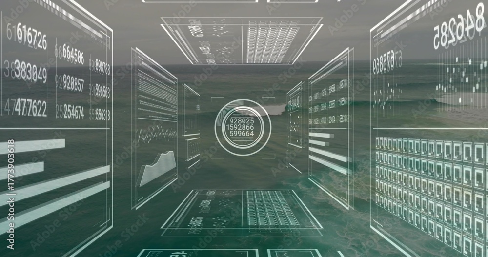 Fototapeta premium Central circular interface panel hovering above calm sea, with data panels showing numerical charts