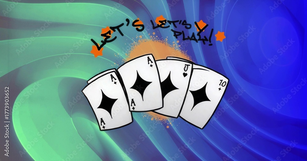 Fototapeta premium Showing cards labeled AAJ10 in digital poster graffiti-style Let's Play text, orange stars, swirl