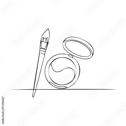 Minimalist line art of a cosmetic brush and an open compact with eye patches