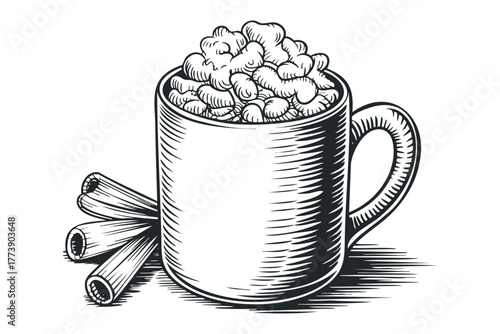 Line Drawing Of Hot Beverage In Mug With Cinnamon Sticks