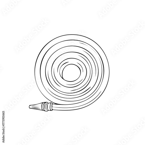 Rolled garden hose with spray nozzle shown in a simple black and white line art illustration sketch