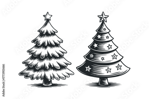 Black and white Christmas trees with stars and tree toppers