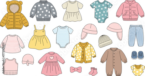 Cute baby clothing set, toddler fashion outfit collection, newborn apparel design, vector flat illustration