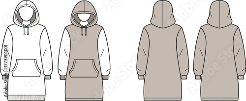 Women oversized hoodie dress, fashion flat sketch, casual sweatshirt design template, vector illustration