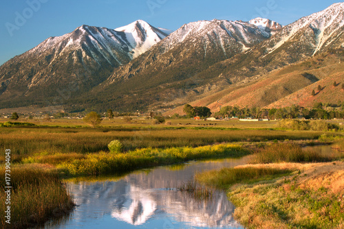 Job's Peak Reflections with Snow Capped Mountains and A Stream and a Field