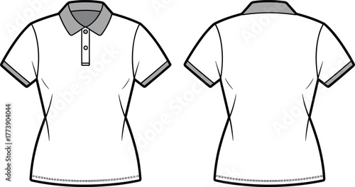Women polo shirt front and back view, fashion flat sketch, vector clothing template