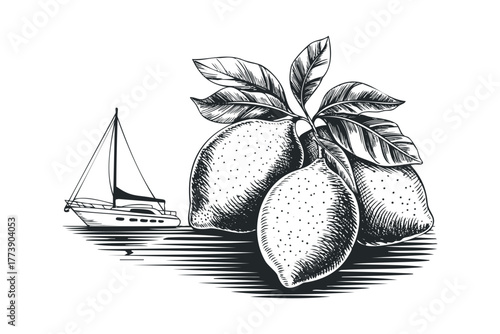 Sketch of lemons on branch with sailboat